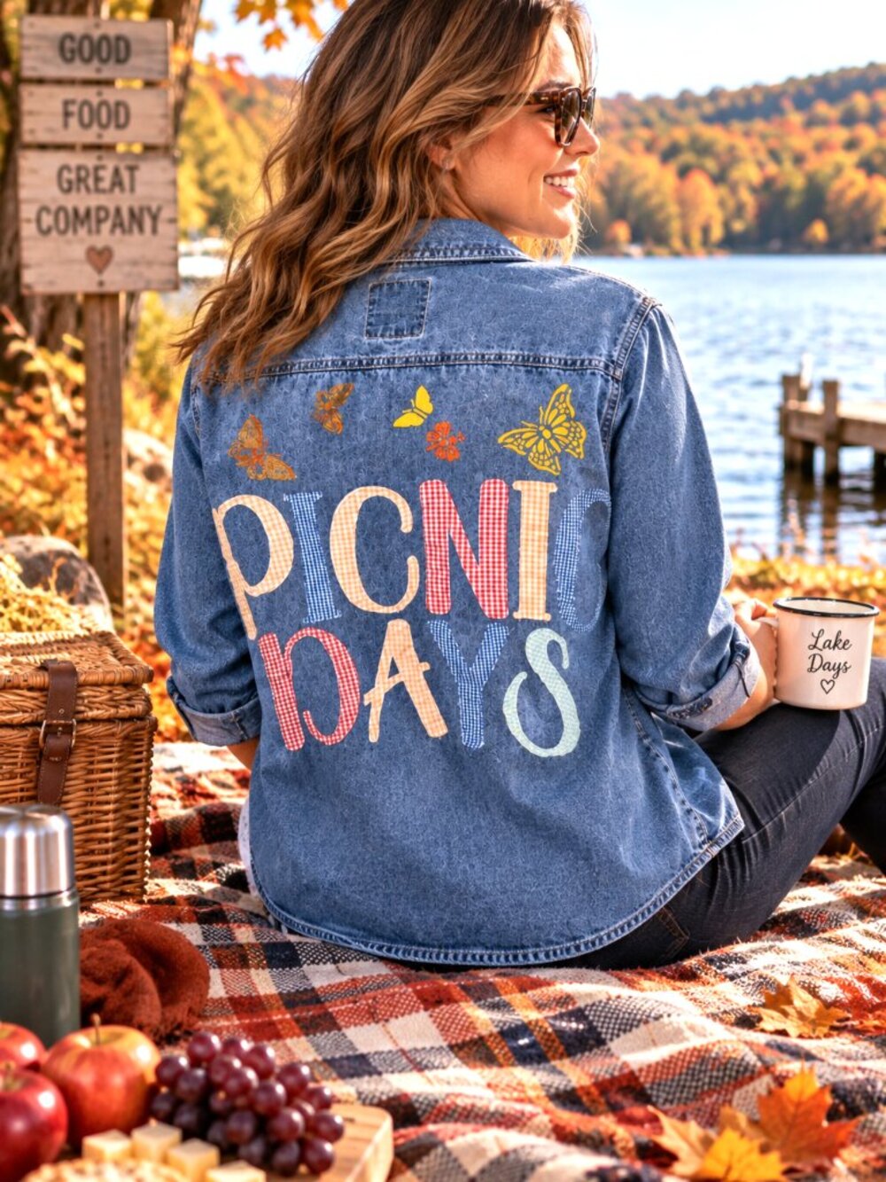 Patchwork Denim Shirt Upcycled Lightweight Button-Down Picnic Theme Size M - L